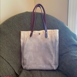 Elegant Blue Ombré Tote with Burgundy Handles